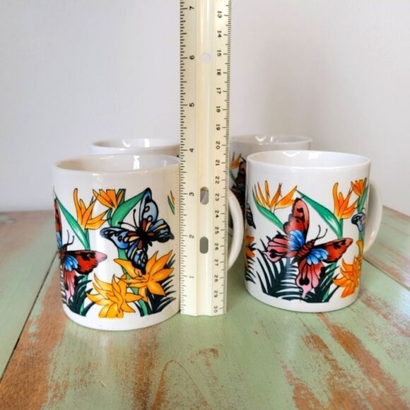 Vintage Butterfly & Flora Panstone Tropical Ceramic Set of 4 Coffee Mugs - Picture 9 of 15